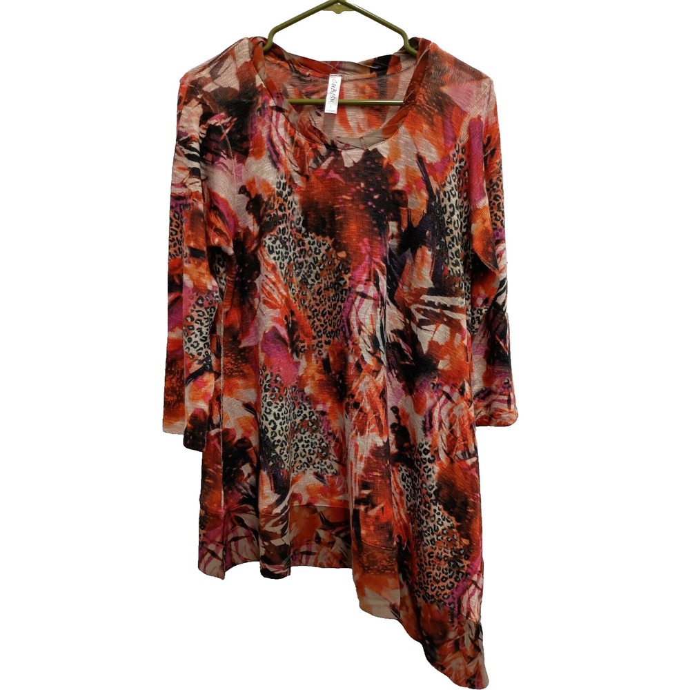 Cubism Wearable art Tunic Top Womens Large Orange Floral Side Tail 3/4 Sleeves